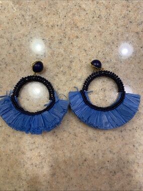 Vineyard Vines Blue Raffia Fringe Hoop Earrings